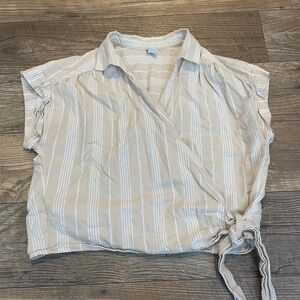 Old Navy Womens Relaxed Wrap Top Tan White Striped Short Sleeve Cotton Size M
